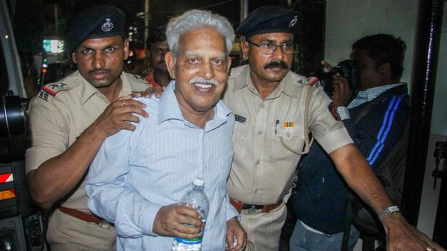 Revolutionary writer P Varavara Rao, arrested in connection with the Bhima Koregaon case, being produced at a court in Pune on Aug 29, 2018. (PTI File Photo) Revolutionary writer P Varavara Rao, arrested in connection with the Bhima Koregaon case, being produced at a court in Pune on Aug 29, 2018. (PTI File Photo)