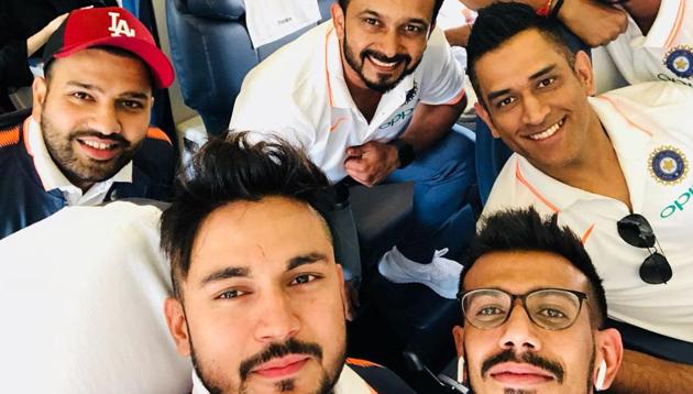 Team India’s Rohit Sharma, MS Dhoni, Kedar Jadhav, Yuzvendra Chahal, Manish Pandey leave for the Asia Cup to be held in the UAE.(Twitter/Kedar Jadhav)