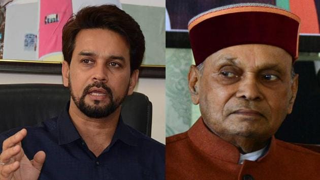Former Himachal Pradesh chief minister Prem Kumar Dhumal and his son Anurag Thakur. (HT PHOTO) Former Himachal Pradesh chief minister Prem Kumar Dhumal and his son Anurag Thakur. (HT PHOTO)