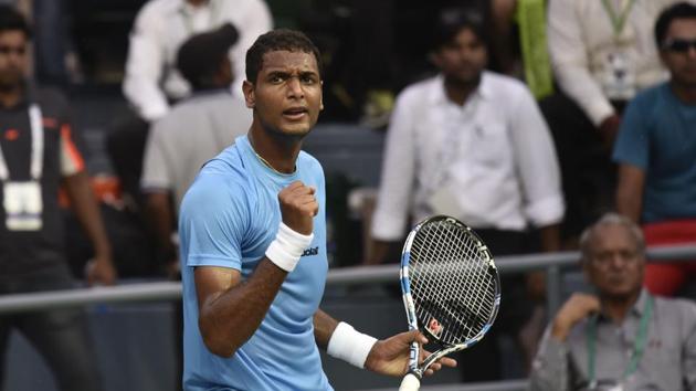 India Ramkumar Ramanathan exaults after taking point against span F Lopez during Davis Tie between India and Spain at DLTA in New Delhi, India, on Friday, September 16, 2016.(Vipin Kumar/HT PHOTO) India Ramkumar Ramanathan exaults after taking point against span F Lopez during Davis Tie between India and Spain at DLTA in New Delhi, India, on Friday, September 16, 2016.(Vipin Kumar/HT PHOTO)