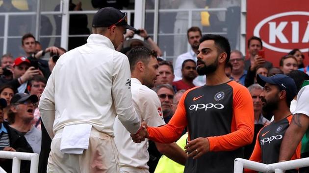 England's Joe Root shakes the hand of India skipper Virat Kohli after the Oval Test. (REUTERS) England's Joe Root shakes the hand of India skipper Virat Kohli after the Oval Test. (REUTERS)