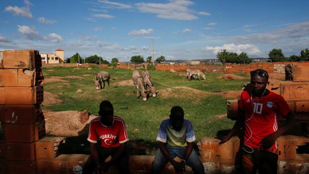(L to R) Dramane Diallo, 19, Djibril Diabate and Amadou Keita, 21, sit at the pasture while their donkeys graze in Bamako. The system is overburdened due to a proliferation of informal dumps and the authorities’ failure to remove waste from the local transfer stations, Diarra said. (Luc Gnago / REUTERS) 