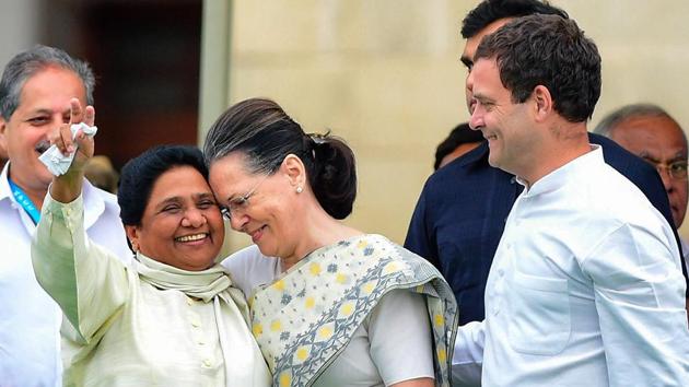 Congress leader Sonia Gandhi with Bahujan Samaj Party (BSP) leader Mayawati and Congress president Rahul Gandhi during the swearing-in ceremony of JD(S)-Congress coalition government in Bengaluru, in May 2018. (PTI) Congress leader Sonia Gandhi with Bahujan Samaj Party (BSP) leader Mayawati and Congress president Rahul Gandhi during the swearing-in ceremony of JD(S)-Congress coalition government in Bengaluru, in May 2018. (PTI)