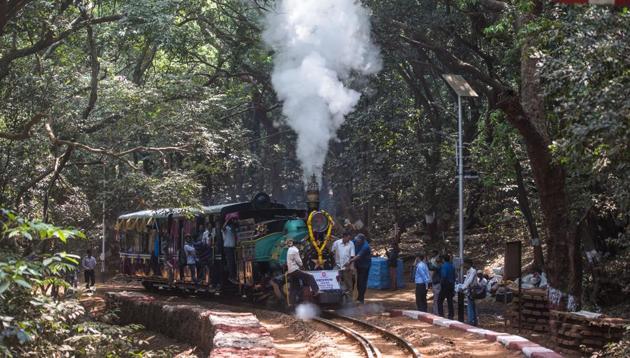 On the occasion of World Heritage Day Central Railway runs(Ceremonial) Matheran toy train with Steam locomotive from Aman Lodge to Matheran in Mumbai, India.(HT File Photo)