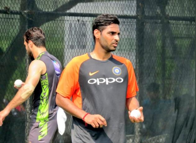 Bhuvneshwar Kumar bowls during a net session in Dubai. (BCCI/Twitter) Bhuvneshwar Kumar bowls during a net session in Dubai. (BCCI/Twitter)