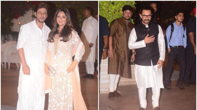 At Ganesh Chaturthi celebration at the Ambani home, Shah Rukh Khan and Aamir Khan were in attendance. (Viral Bhayani) At Ganesh Chaturthi celebration at the Ambani home, Shah Rukh Khan and Aamir Khan were in attendance. (Viral Bhayani)
