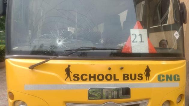 A 58-year-old man surrendered to the police for breaking the window panes of a private school bus, in an alleged incident of road rage on Monday, when the school bus had brushed against his car. (HT Photo) A 58-year-old man surrendered to the police for breaking the window panes of a private school bus, in an alleged incident of road rage on Monday, when the school bus had brushed against his car. (HT Photo)