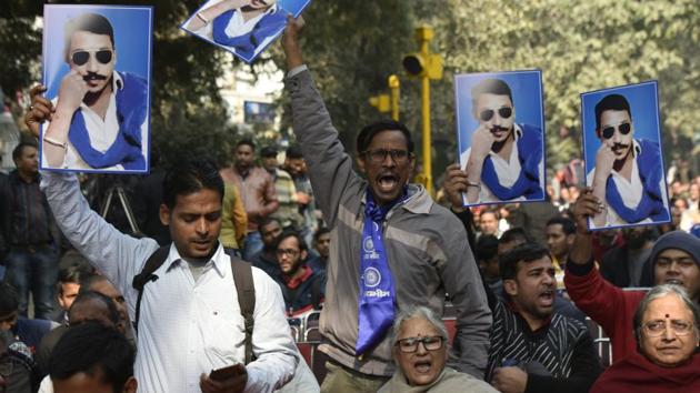 Activists of Bhim Army during a protest at Parliament Street demanding release of Chandrashekhar Azad alias Ravan in New Delhi on January 09, 2018. Hours after  Ravan was released early Friday after over a year in jail, Uttar Pradesh’s ruling Bharatiya Janata Party (BJP) and the Congress sparred over his arrest and release. (Vipin Kumar / HT Archive) 