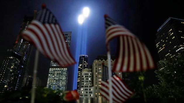 The Tribute in Light installation is illuminated over lower Manhattan as seen from The National September 11 Memorial & Museum marking the 17th anniversary of the 9/11 attacks in New York City. (Andrew Kelly / REUTERS)