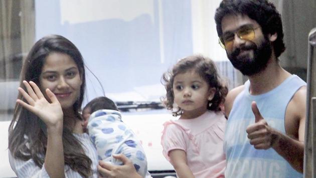 Shahid Kapoor and his wife Mira Rajput with their newborn son Zain and daughter Misha Kapoor pose after getting discharged from the hospital in Mumbai on September 8, 2018. (PTI) Shahid Kapoor and his wife Mira Rajput with their newborn son Zain and daughter Misha Kapoor pose after getting discharged from the hospital in Mumbai on September 8, 2018. (PTI)