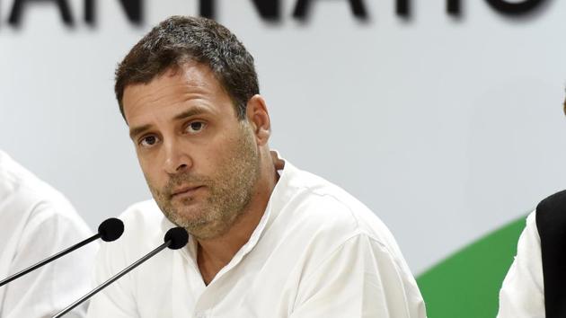 Congress President Rahul Gandhi (C) speaks as chief spokesperson Randeep Surjewala (L) and senior leader Ashok Gehlot (R) look on, during a press conference on Vijay Mallya's allegations at AICC, in New Delhi, India, on Thursday, September 13, 2018.(HT Photo) Congress President Rahul Gandhi (C) speaks as chief spokesperson Randeep Surjewala (L) and senior leader Ashok Gehlot (R) look on, during a press conference on Vijay Mallya's allegations at AICC, in New Delhi, India, on Thursday, September 13, 2018.(HT Photo)