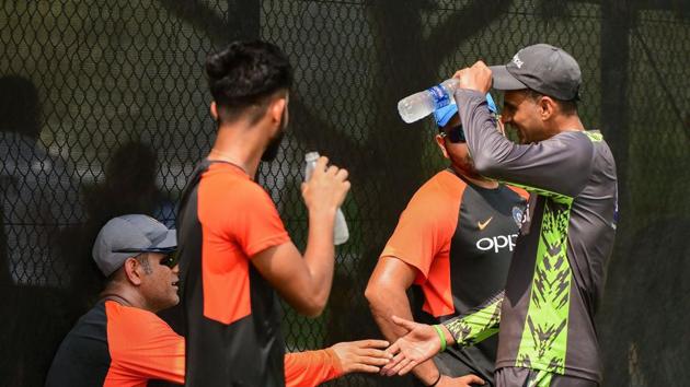 Former Indian cricket team captain Mahendra Singh Dhoni meets Pakistani cricketer Shoaib during net practice ahead of Asia Cup (PTI) Former Indian cricket team captain Mahendra Singh Dhoni meets Pakistani cricketer Shoaib during net practice ahead of Asia Cup (PTI)