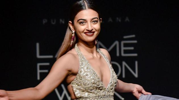 Bollywood actor Radhika Apte showcases a creation by designer Punit Balana at the Lakmé Fashion Week.(PTI)