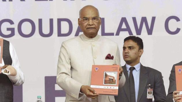 President Ram Nath Kovind poses with former Chief Justice of India Dipak Misra and others during the Platinum Jubilee celebration of Karnataka Law Society & Raja Lakhamgouda Law College at Belagavi, Saturday, Spet 15, 2018. (PTI) President Ram Nath Kovind poses with former Chief Justice of India Dipak Misra and others during the Platinum Jubilee celebration of Karnataka Law Society & Raja Lakhamgouda Law College at Belagavi, Saturday, Spet 15, 2018. (PTI)