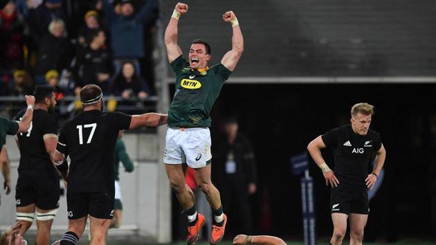 South Africa's Jesse Kriel (C) celebrates victory during the Rugby Championship match between the New Zealand All Blacks and South Africa at Westpac Stadium in Wellington on September 15, 2018. (AFP) South Africa's Jesse Kriel (C) celebrates victory during the Rugby Championship match between the New Zealand All Blacks and South Africa at Westpac Stadium in Wellington on September 15, 2018. (AFP)