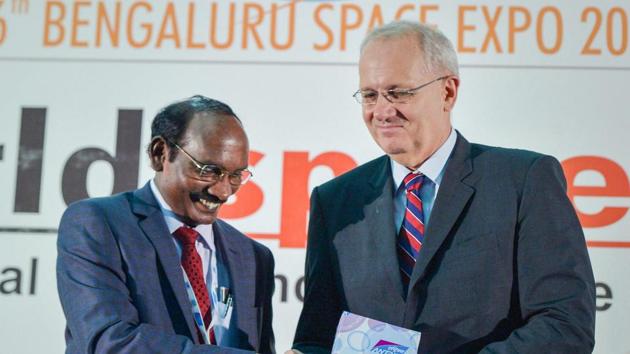 ISRO chairman K Sivan (left) and French space agency President Jean-Yves Le Gall during the inauguration of the 6th Bengaluru Space Expo 2018, in Bengaluru.(PTI File Photo)