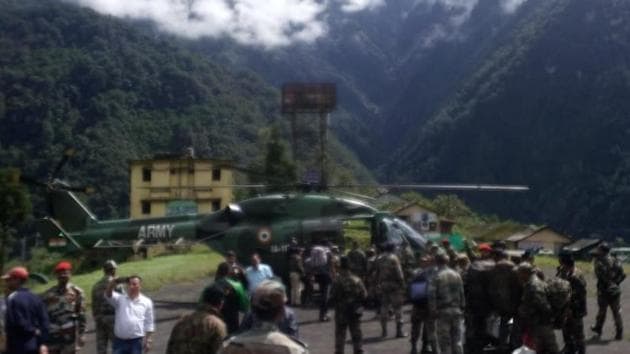 On Sunday, helicopters made several sorties to Gangtok and Sevok near Siliguri and evacuated approximately 60 people.(ANI Photo)