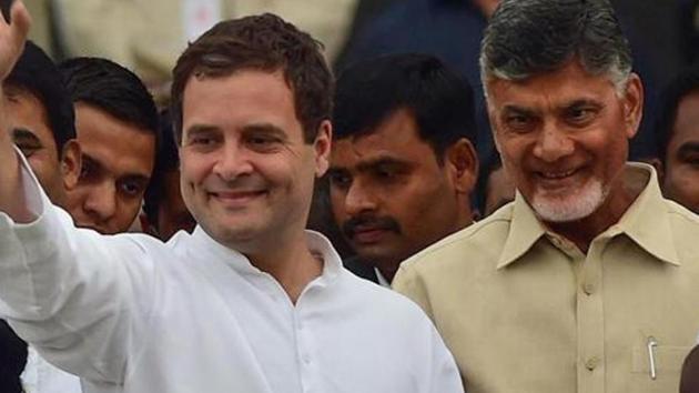 Congress president Rahul gandhi and TDP chief Chandrababu Naidu during an event in Bengaluru. (AFP File Photo) Congress president Rahul gandhi and TDP chief Chandrababu Naidu during an event in Bengaluru. (AFP File Photo)