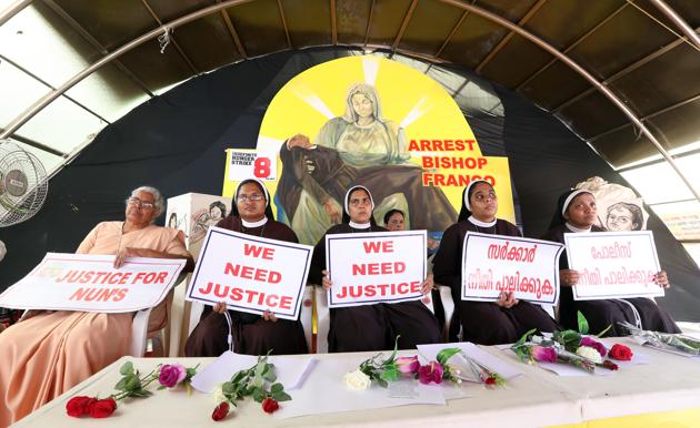Nuns hold placards during a protest demanding justice after an alleged sexual assault of a nun by a bishop in Kochi, Kerala, September 13, 2018. The placards read in Malayalam "Why is the government silent?', 'Police, do justice', and "Our lives are threatened'.(Vivek Nair/HT Photo) Nuns hold placards during a protest demanding justice after an alleged sexual assault of a nun by a bishop in Kochi, Kerala, September 13, 2018. The placards read in Malayalam "Why is the government silent?', 'Police, do justice', and "Our lives are threatened'.(Vivek Nair/HT Photo)