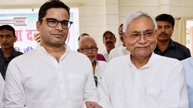 Bihar Chief Minister and Janta Dal United JD(U) National President Nitish Kumar greets electoral strategist Prashant Kishor after he joined JD(U) during party's state executive meeting at Anne Marg, in Patna, Sunday, Sept 16, 2018.(PTI) Bihar Chief Minister and Janta Dal United JD(U) National President Nitish Kumar greets electoral strategist Prashant Kishor after he joined JD(U) during party's state executive meeting at Anne Marg, in Patna, Sunday, Sept 16, 2018.(PTI)