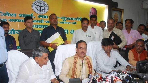 Deputy chief minister Dinesh Sharma at a press conference in Agra on Sunday.(HT Photo)
