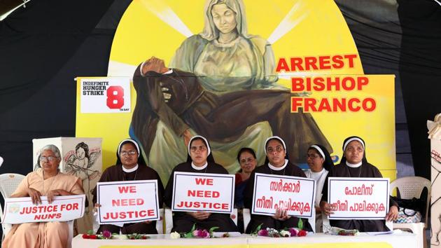 Catholic nuns in Kerala have decided to intensify their agitation unless Jalandhar Bishop Franco Mullakkal who is accused of raping a nun is arrested immediately. The Bishop is to appear before Kerala police for questioning on Wednesday. The nuns have been on a dharna in Kochi for the last 10 days seeking action against the bishop while other activists are on a relay hunger strike in the nuns’ support. (Vivek Nair / HT Photo) Catholic nuns in Kerala have decided to intensify their agitation unless Jalandhar Bishop Franco Mullakkal who is accused of raping a nun is arrested immediately. The Bishop is to appear before Kerala police for questioning on Wednesday. The nuns have been on a dharna in Kochi for the last 10 days seeking action against the bishop while other activists are on a relay hunger strike in the nuns’ support. (Vivek Nair / HT Photo)