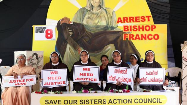 Nuns hold placards during a protest demanding justice after an alleged sexual assault of a nun by a bishop in Kochi, Kerala.(Vivek Nair/HT Photo)