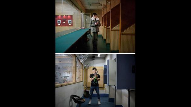 Kim Su Ryon (top) at the Maeri shooting range where she works in Pyongyang, and South Korean shooting instructor Lee Chi-yoon (bottom) at the Mokdong shooting range in Seoul. Reflecting the countries’ geographical locations, the Northern portrait is always the top of the pair. (Ed Jones / AFP) Kim Su Ryon (top) at the Maeri shooting range where she works in Pyongyang, and South Korean shooting instructor Lee Chi-yoon (bottom) at the Mokdong shooting range in Seoul. Reflecting the countries’ geographical locations, the Northern portrait is always the top of the pair. (Ed Jones / AFP)