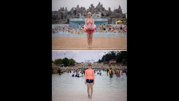 Ri Song Hui (21, top) at the Munsu Water Park in Pyongyang, and Kwon Ye Seul (30, bottom) at the Carribean Bay water park south of Seoul. (Ed Jones / AFP) Ri Song Hui (21, top) at the Munsu Water Park in Pyongyang, and Kwon Ye Seul (30, bottom) at the Carribean Bay water park south of Seoul. (Ed Jones / AFP)