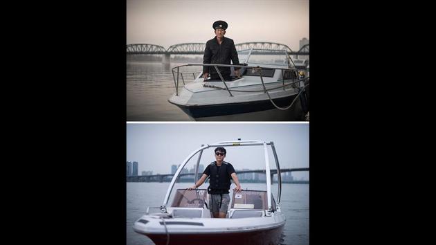 Sailor Kim Il Soo (top) on his tourist boat on the Taedong river in Pyongyang, and Kim Kun Ho (25, bottom) on his water-sports boat on the Han river in Seoul. (Ed Jones / AFP) Sailor Kim Il Soo (top) on his tourist boat on the Taedong river in Pyongyang, and Kim Kun Ho (25, bottom) on his water-sports boat on the Han river in Seoul. (Ed Jones / AFP)