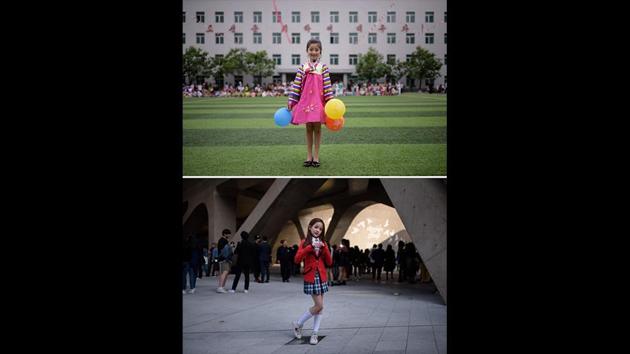 Kim Song Jong, (9, top) poses for a portrait following a dance performance at a Children’s Day event in Pyongyang, and Yoon Hyerim (10, bottom) following a dance performance at Dongdaemun Design Plaza during Seoul Fashion Week. “You can put the pictures side by side but the people can’t stand side by side in real life and there’s something inherently captivating about that,”Jones said. (Ed Jones / AFP) Kim Song Jong, (9, top) poses for a portrait following a dance performance at a Children’s Day event in Pyongyang, and Yoon Hyerim (10, bottom) following a dance performance at Dongdaemun Design Plaza during Seoul Fashion Week. “You can put the pictures side by side but the people can’t stand side by side in real life and there’s something inherently captivating about that,”Jones said. (Ed Jones / AFP)
