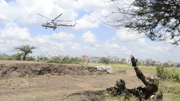 Troops of the Bhutan army during Bimstec joint military exercise.  (Ravindra Joshi/HT PHOTO) 