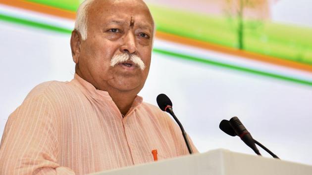 RSS chief Mohan Bhagwat speaks at the event titled "Future of Bharat: An RSS perspective" in New Delhi.(PTI File Photo) RSS chief Mohan Bhagwat speaks at the event titled "Future of Bharat: An RSS perspective" in New Delhi.(PTI File Photo)