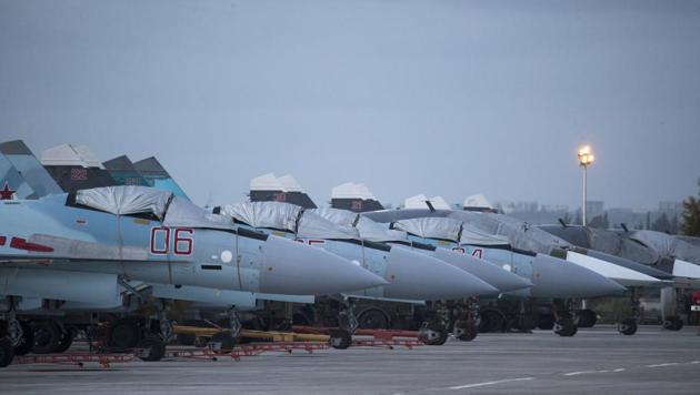 Russian fighter jets at Hemeimeem air base in Syria. A Russian military jet carrying 14 servicemen vanished from radar over the Mediterranean Sea late Monday as Syria came under attack by Israeli missiles, the defence ministry said.(AP File Photo)