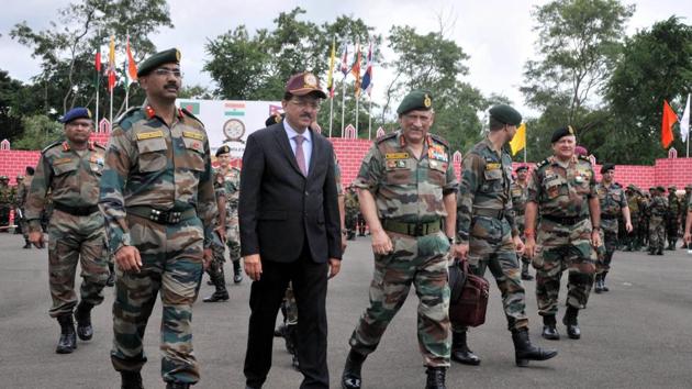 Minister of state for defence, Subhash Bhamre (centre) with the army chief General Bipin Rawat during Bimstec Milex 2018.  (HT photo) 