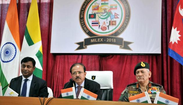 Minister of state for defence, Subhash Bhamre (centre), Shahidul Islam, Secretary general BIMSTEC (left) and General Bipin Rawat during a press conference in Pune. (HT photo) 