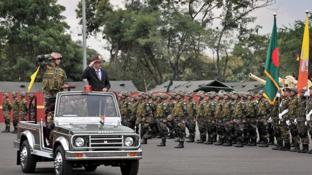Minister of state for defence, Subhash Bhamre reviews the parade during the concluding ceremony of the Bimstec Milex 2018. (HT photo) 