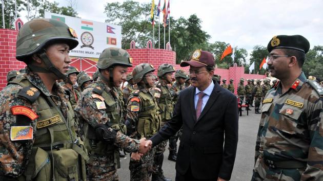 Minister of state for defence, Subhash Bhamre  meets the contingents of the various armies during Bimstec Milex 2018. (HT photo) 