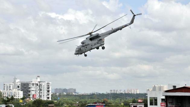 A Mi17 helicopter during the validation exercise of the Bimstec Milex 2018 being organised in Pune. (HT photo) 