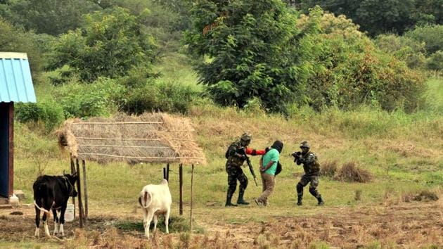 Troops capture a terrorist in a mock room intervention drill during the validation exercise of Bimstec Milex 2018. (HT photo) 