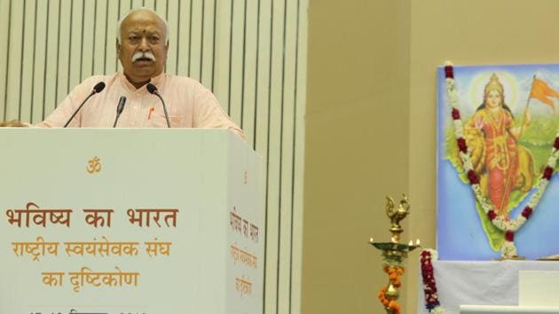 RSS chief Mohan Bhagwat was speaking at the event “Future of Bharat: An RSS perspective” at Vigyan Bhavan in New Delhi.(HT Photo)
