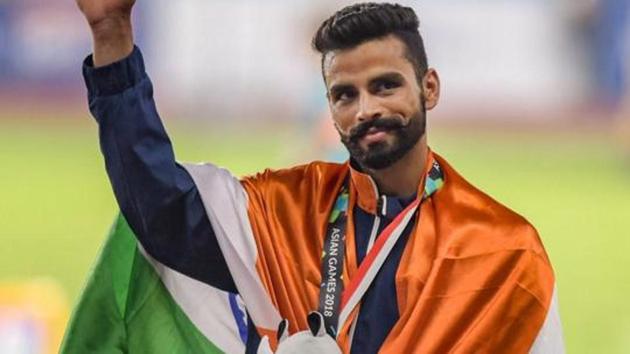 Gold medal winner India's Arpinder Singh at the medal ceremony of men's triple jump competition at the 18th Asian Games 2018 in Jakarta, Indonesia.(PTI)