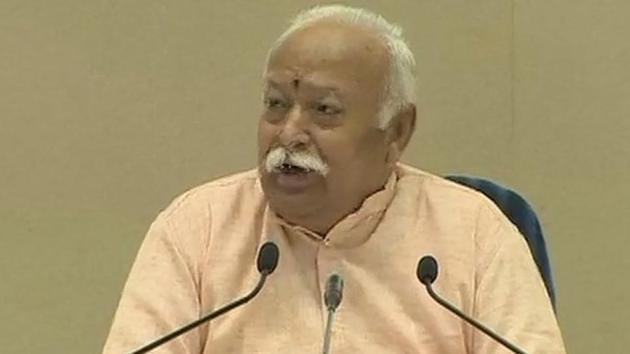 Mohan Bhagwat speaking on the third day of his lecture series in Delhi.(ANI Photo)