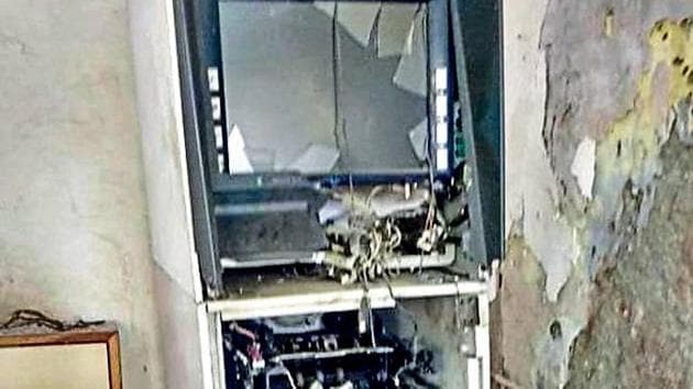 The ATM that was blown up at Nagina in Nuh.(HT PHOTO)