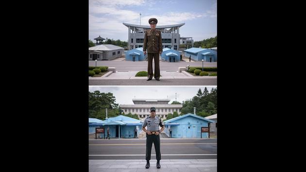 Portrait of Korean People’s Army (KPA) soldier Lieutenant Kim (top) on the north side of the truce village of Panmunjom, and Republic of Korea Army soldier Corporal Woo (bottom) on the south side of the truce village. Although the two soldiers at Panmunjom were standing less than 100 metres apart, but getting from one location to the other would require a journey of more than 2,000 kilometres, via China. (Ed Jones / AFP) Portrait of Korean People’s Army (KPA) soldier Lieutenant Kim (top) on the north side of the truce village of Panmunjom, and Republic of Korea Army soldier Corporal Woo (bottom) on the south side of the truce village. Although the two soldiers at Panmunjom were standing less than 100 metres apart, but getting from one location to the other would require a journey of more than 2,000 kilometres, via China. (Ed Jones / AFP)