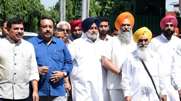 SAD-BJP leaders after handing over a memorandum to Punjab governor VP Singh Badnore in Chandigarh on Tuesday. (HT Photo) SAD-BJP leaders after handing over a memorandum to Punjab governor VP Singh Badnore in Chandigarh on Tuesday. (HT Photo)