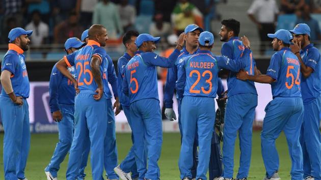 Indian cricketer Khaleel Ahmed (3ndR) celebrates with teammate after he dismissed Hong Kong batsman during the one day international (ODI) Asia Cup cricket match between Bangladesh and Sri Lanka at The Dubai International Cricket Stadium.(AFP)