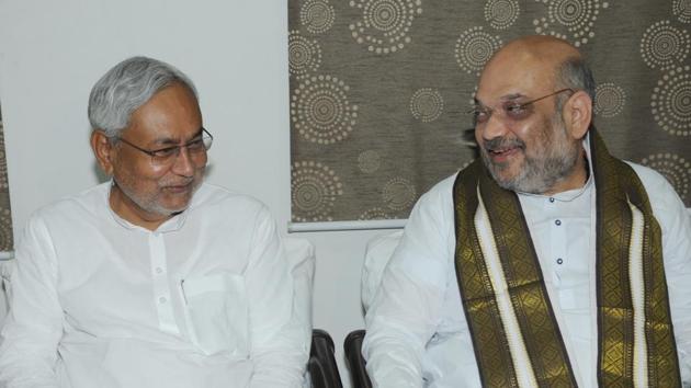 Chief minister Nitish Kumar with BJP national president Amit Shah during the latter's visit to Patna.(HT File Photo)