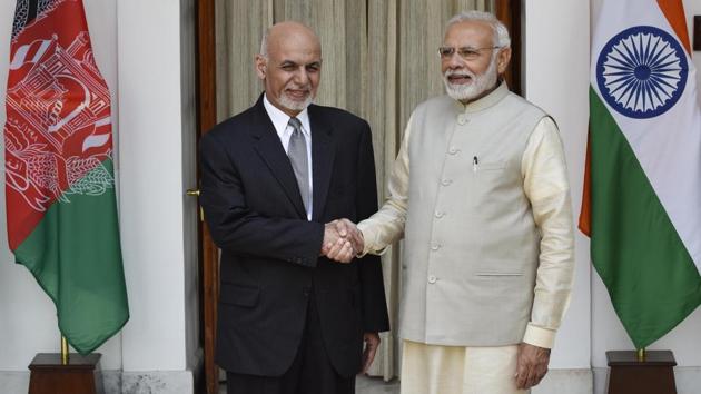 PM Narendra Modi Wednesday held wide-ranging talks with Afghan President Ashraf Ghani (L) on ways to further boost bilateral cooperation. It is understood that Ghani briefed Modi about the status of the peace process in the war-ravaged country. India has always been favouring an Afghan-led and Afghan-owned peace process to bring peace and stability in the country. (Vipin Kumar / HT Photo) PM Narendra Modi Wednesday held wide-ranging talks with Afghan President Ashraf Ghani (L) on ways to further boost bilateral cooperation. It is understood that Ghani briefed Modi about the status of the peace process in the war-ravaged country. India has always been favouring an Afghan-led and Afghan-owned peace process to bring peace and stability in the country. (Vipin Kumar / HT Photo)