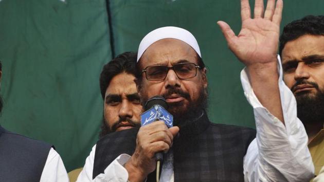Pakistani head of the Jamaat-ud-Dawa (JuD) organisation Hafiz Saeed addresses during a protest rally in Lahore on April 6.(AFP File Photo)